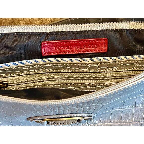 Tommy Hilfiger Faux Croc Leather Shoulder Purse Bag Metallic Silver Embossed - Picture 3 of 7